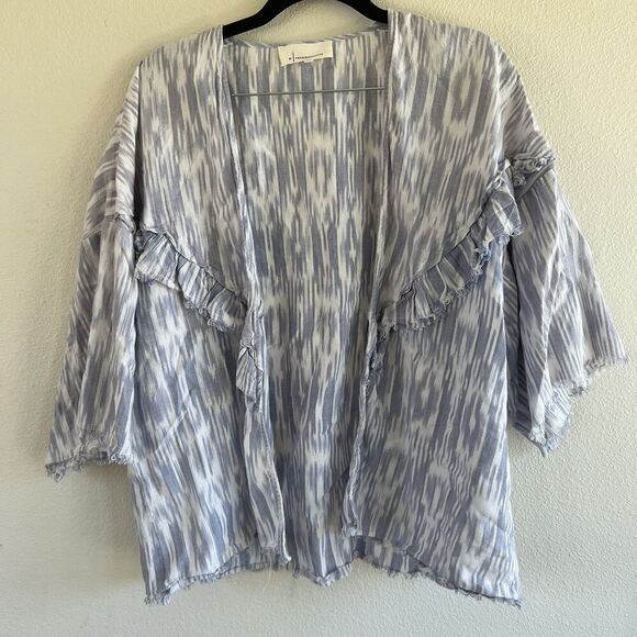 Anthropologie Cotton Ikat White Blue Cardigan Kaftan One Size Beach - Picture 1 of 7